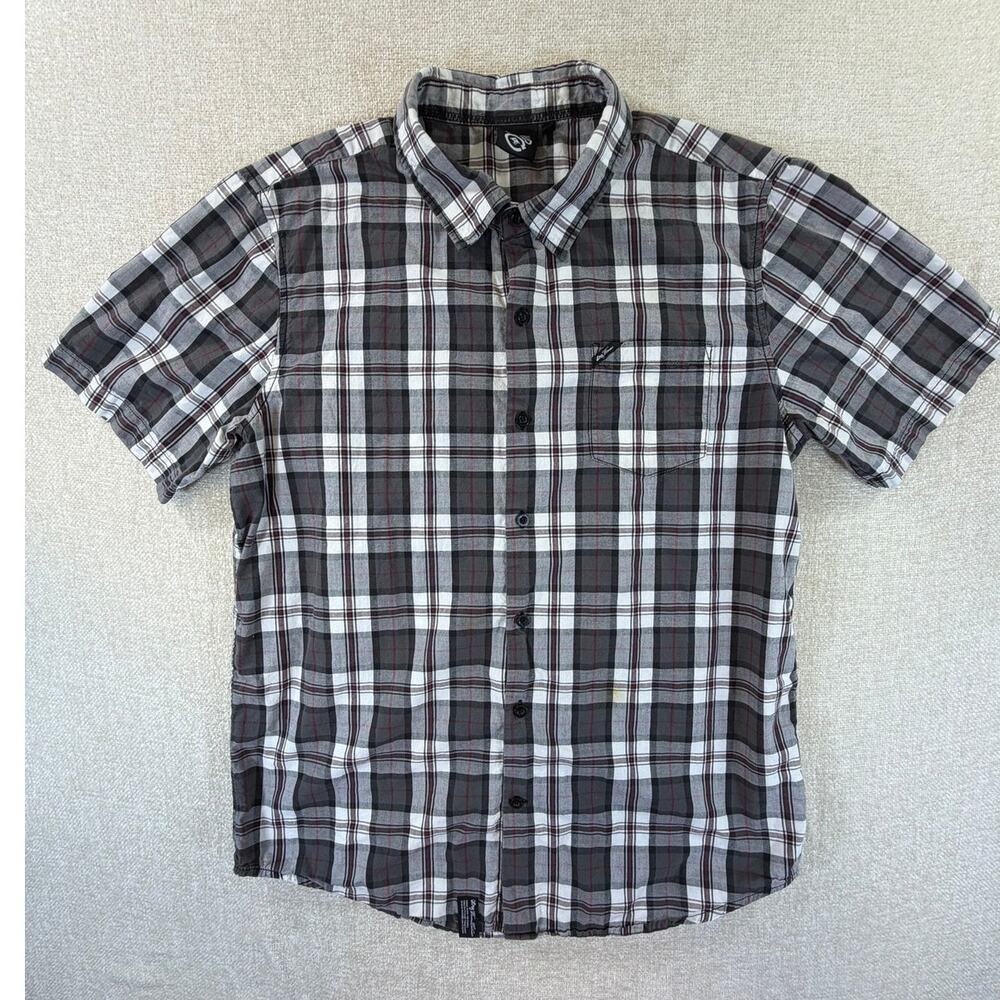 LRG Woven Men's Large Gray Plaid Short Sleeve Button Front Casual Shirt Topwear
